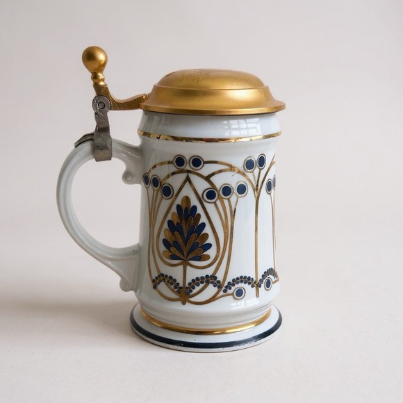 WMF Fraser's Blue Beer Stein with Lid 24 Karat Gold Plating Made in Germany - Picture 1 of 4